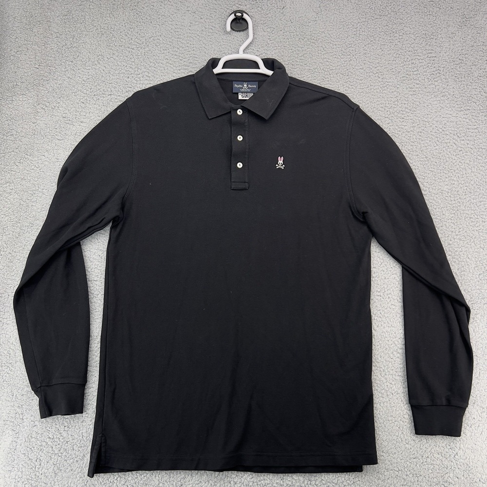 Psycho Bunny‎ Long Sleeve Polo Shirt Black Pima Cotton Men's Size 8/L
